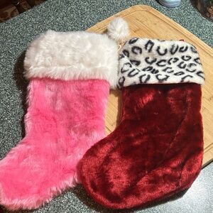 Furry Pink and Red Christmas Stockings with Leopard Cuff.